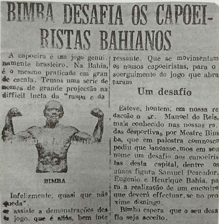 Matéria de Jornal Diário da Bahia 1936 - Mestre Bimba desafiando lutadores - Livro Bimba é Bamba - Frede Abreu
